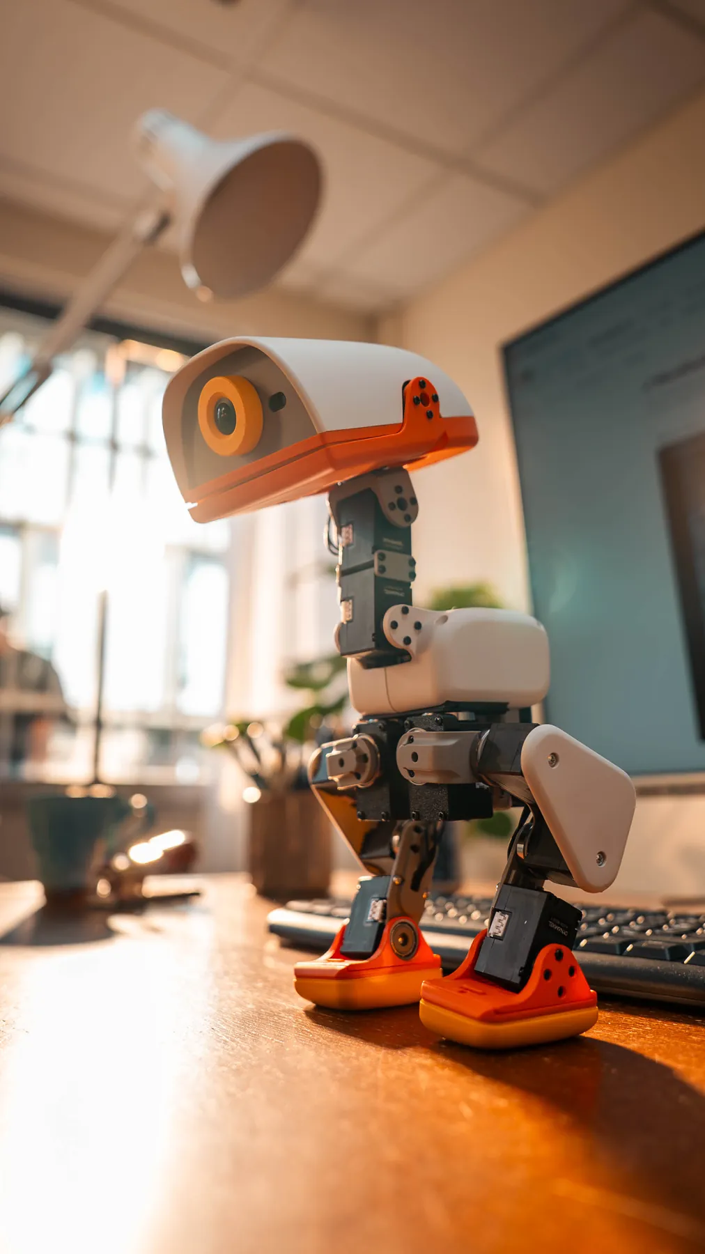 A cream Microduck robot with an orange beak standing on a desk